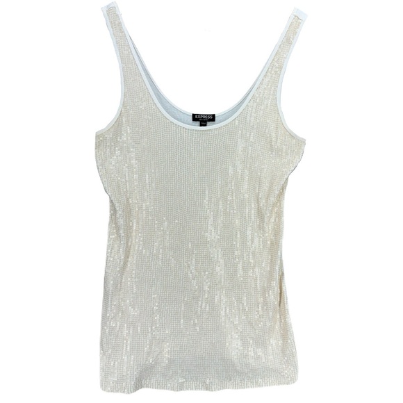 EXPRESS 100% Cotton Ribbed Sequin Front Scoop Neck Tank Women’s Small - Cream - Picture 1 of 9